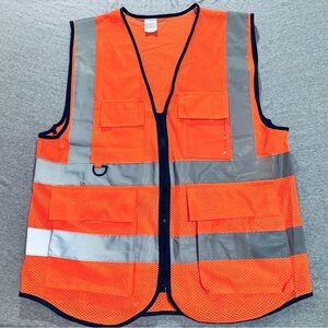 Orange Xiake Reflective Striped Vest Pockets Size Medium 5 Pocket Safety Vest